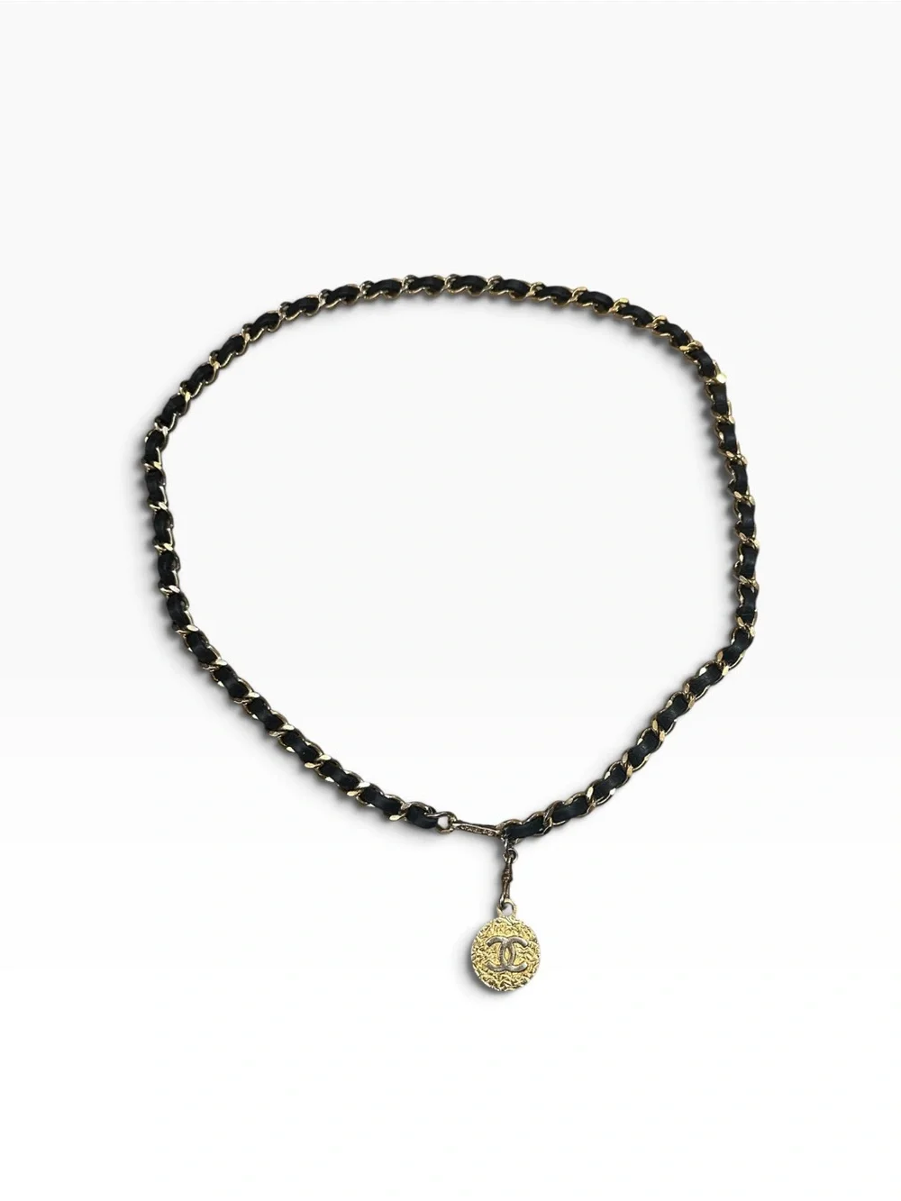 CHANEL Black and Gold Chain Necklace with CC Medallion Vintage 1982